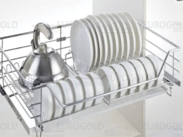 Giá bát đĩa inox nan âm tủ gắn cánh ray giảm chấn Eurogold